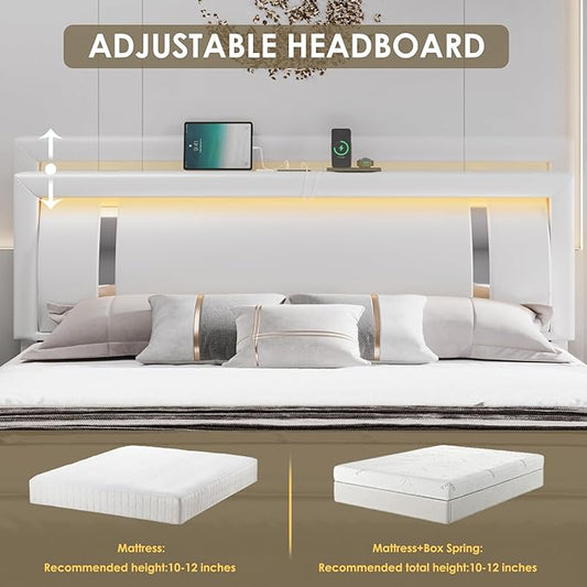 Cadre de lit double avec tête de lit à lumières LED RVB et 2 tiroirs de rangement, lit plateforme intelligent en similicuir rembourré moderne avec décor en métal ferreux, ports de chargement USB et USB-C, aucun sommier nécessaire