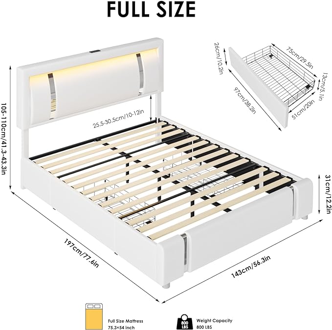 Full Size Bed Frame with RGB LED Lights Headboard & 2 Storage Drawers, Modern Upholstered Faux Leather Smart Platform Bed with Iron Metal Decor, USB & USB-C Charging Ports, No Box Spring Needed